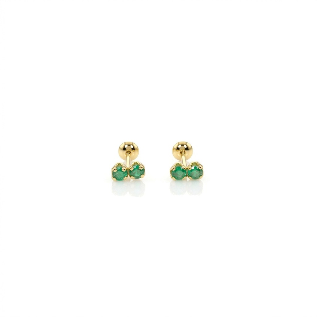 Brinco Duplo 4 Esmeraldas 2,20mm 0,30g Ouro Amarelo 18k - Coleção Kids