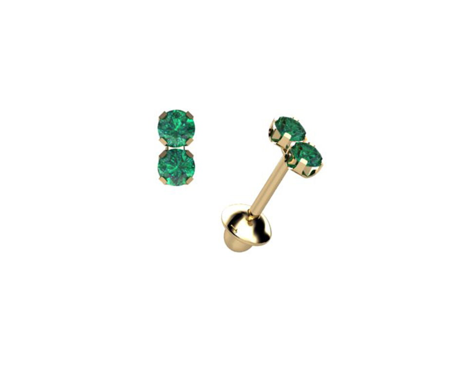 Brinco Duplo 4 Esmeraldas 2,20mm 0,30g Ouro Amarelo 18k - Coleção Kids