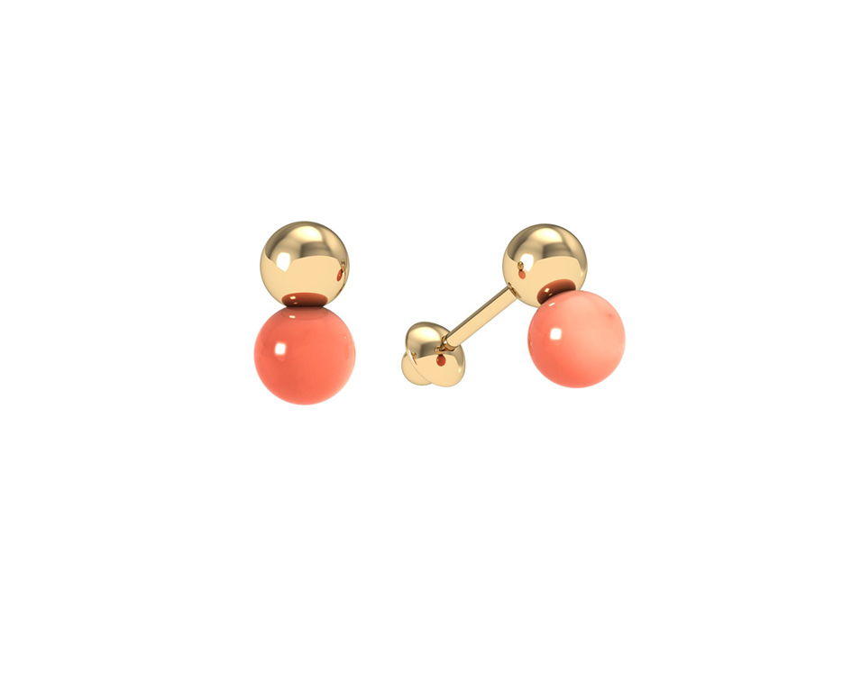 Brinco Duplo Bola 3,50mm com Coral 0,55g Ouro Amarelo 18k - Coleção Kids
