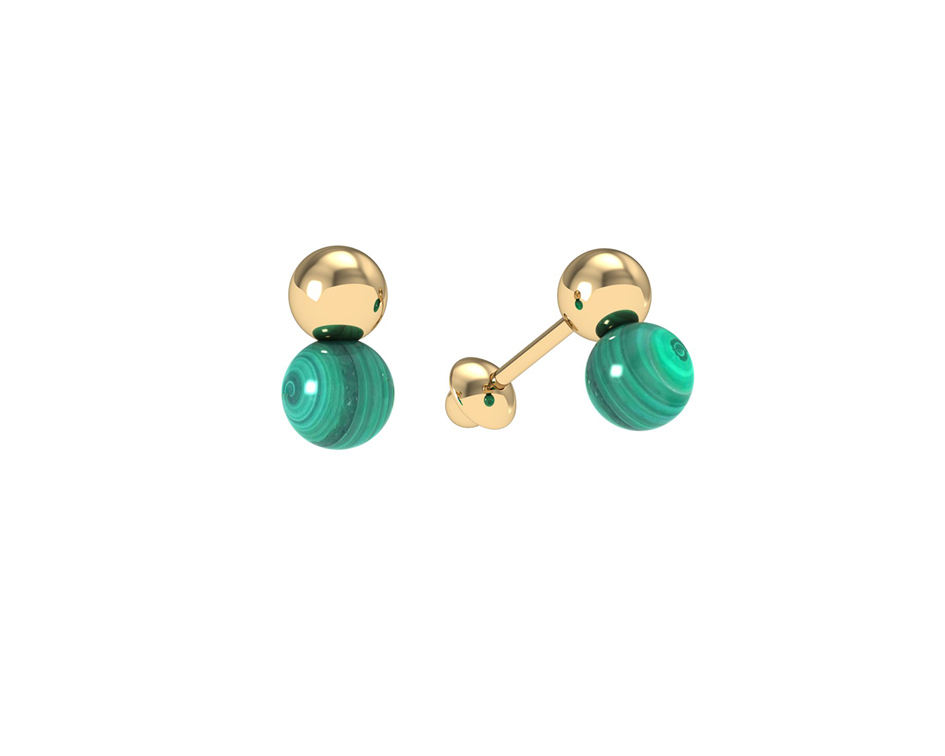 Brinco Duplo Bola 3,50mm com Malaquita 0,60g Ouro Amarelo 18k - Coleção Kids