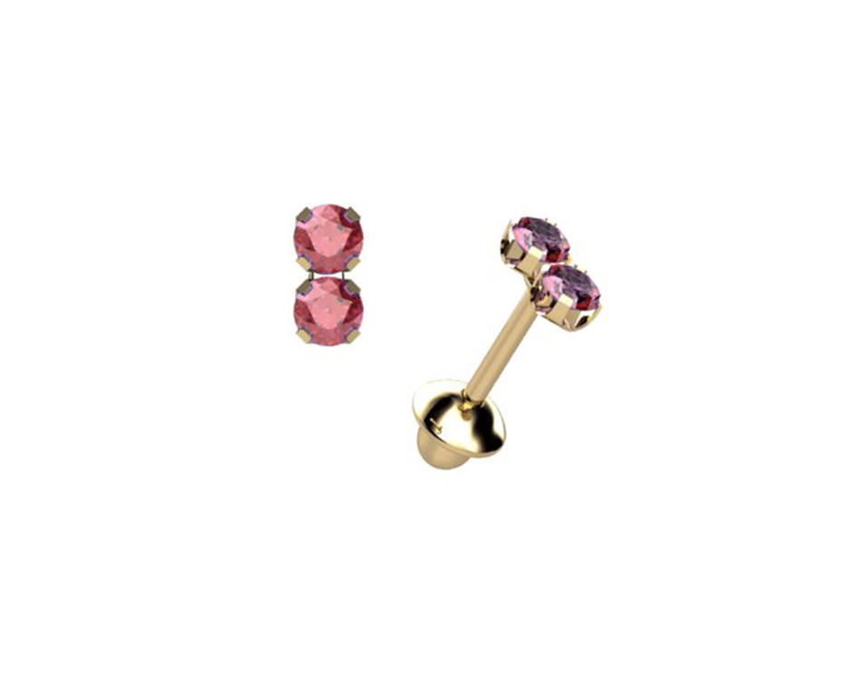 Brinco Duplo Rodolita 2,20MM  0,40G Ouro Amarelo 18K - Coleçao Kids