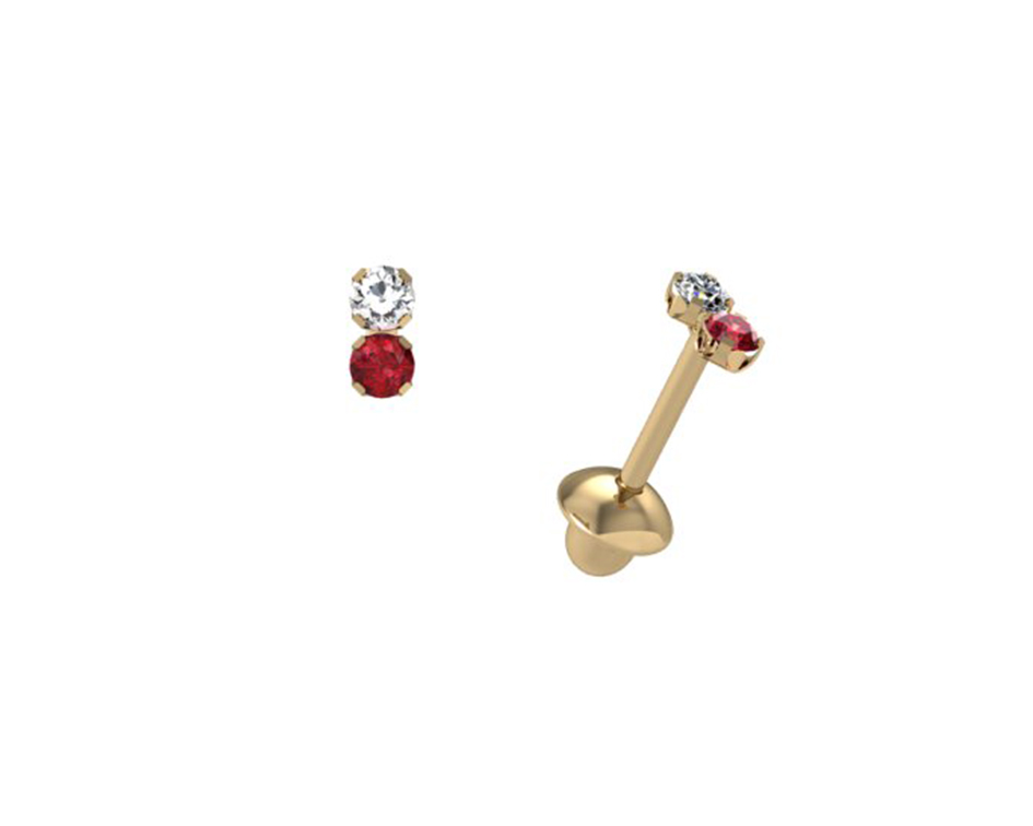 Brinco Duplo Rubi 1,2 mm Diamante 1,5mm 0,30g Ouro Amarelo 18k - Coleção Kids