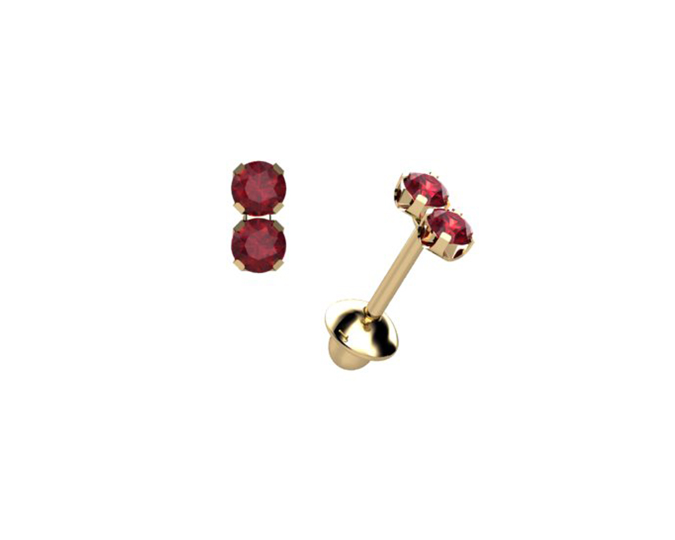 Brinco Duplo Rubi 2,20mm 0,30g Ouro Amarelo 18k - Coleção Kids