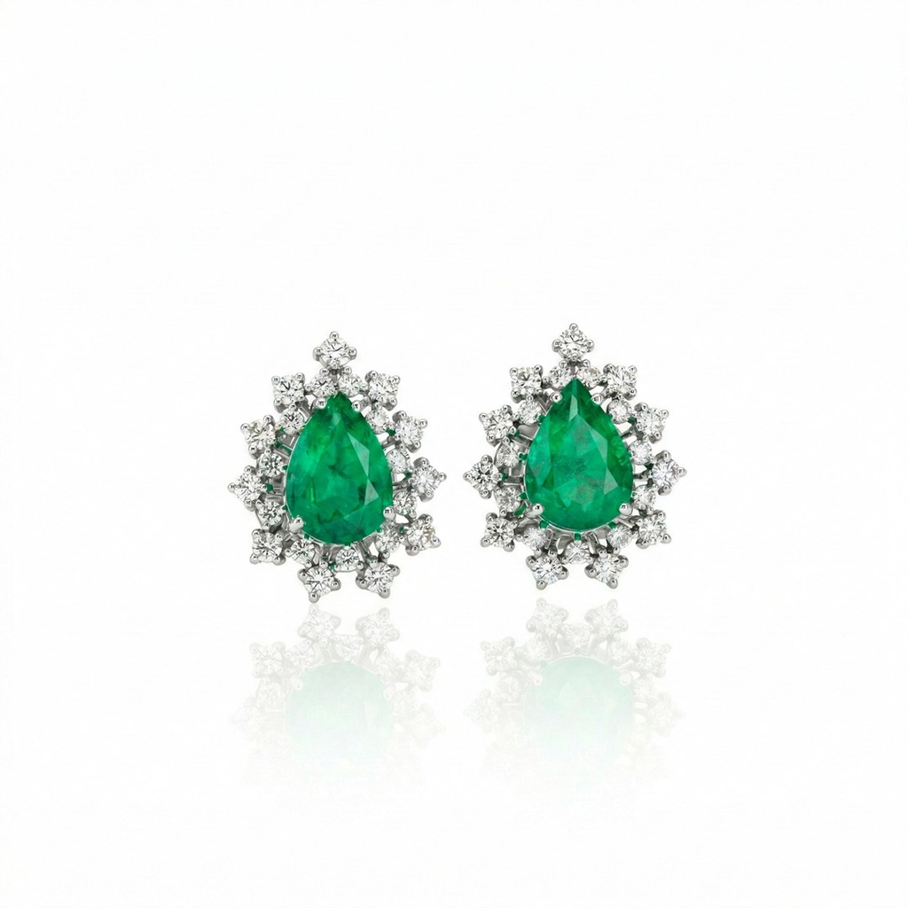 Brinco 2 Esmeraldas Brasileiras Gota 3,23ct com Diamantes em Ouro Branco 18k