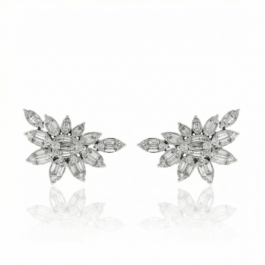 Brinco Pontas Diamantes Baguetes 0,93ct Brilhantes 0,47ct 4,05g Ouro Branco 18k