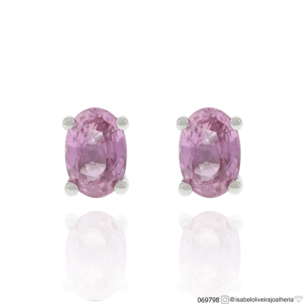 Brinco Solitário Safira Rosa Oval 1,37ct 1,280g Ouro Branco 18k - Coleção True Colors