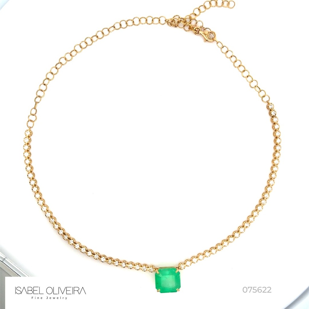 Choker Riviera Esmeralda Colombiana Quadrada 7,04ct com Diamantes em Ouro Amarelo 18k