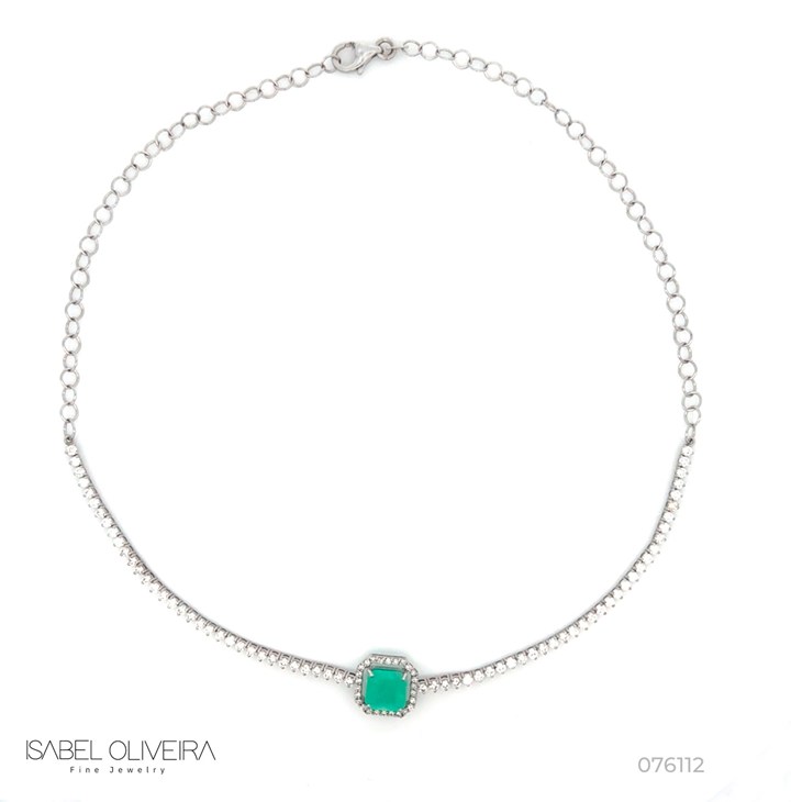 Choker Riviera Tulipa Esmeralda Colombiana 2,27CT 94 Brilhantes 1,95CT G VS1 38CM 9,32G Ouro Branco 18K - Coleçao Colombia Emerald