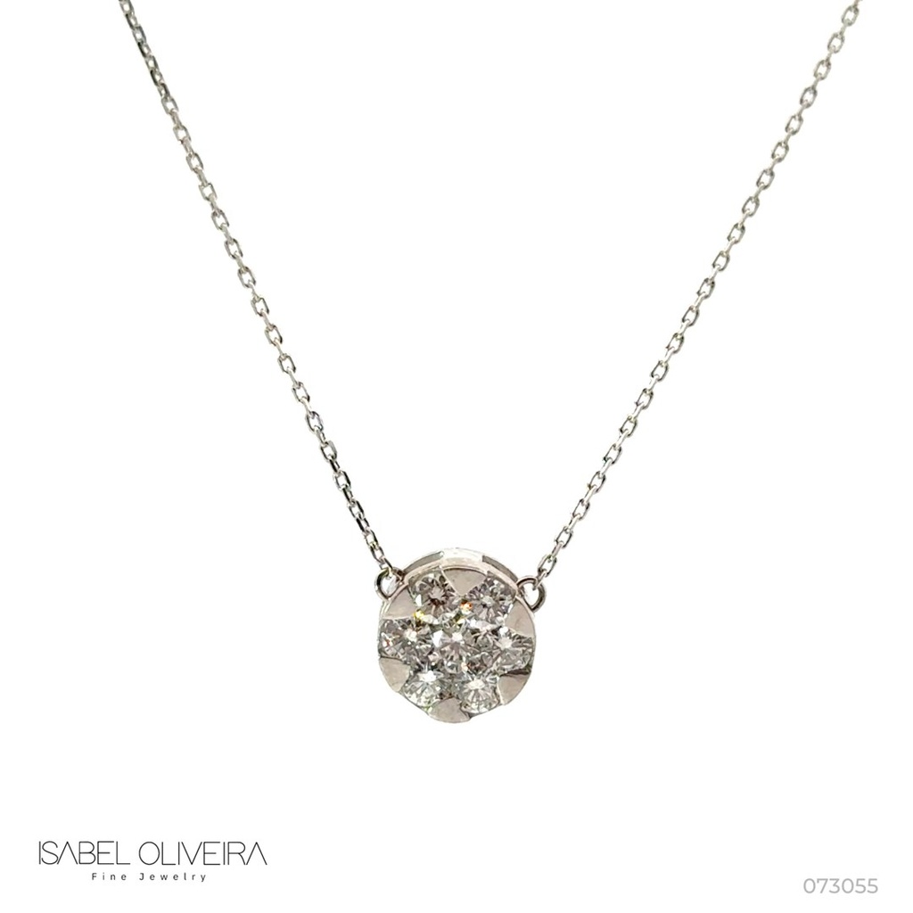 CLBOT8BM - Colar Botao 8MM 7 Brilhantes 0,52CT H VS2 Corrente Cartier 45CM  2,22G Ouro Branco 18K - Coleçao Botao