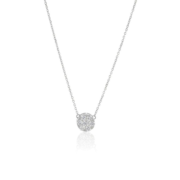 [076730] Colar Botão 8,10mm com 7 Diamantes 0,56ct em Ouro Branco 18k