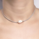 Colar 1 Pérola Corrente Malha Trabalhada 35cm 7,87g Ouro Branco 18k - Coleção Over The Moon