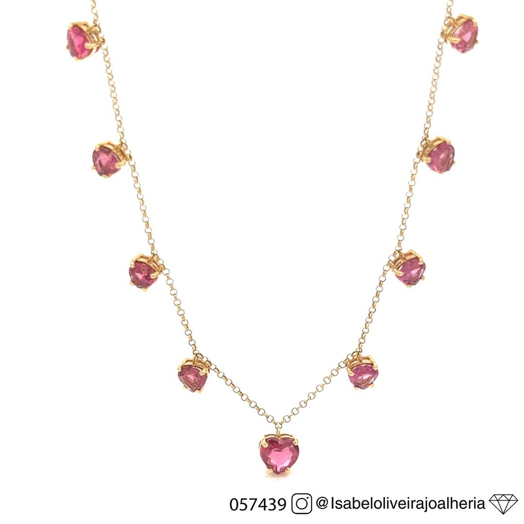 Colar 11 Rubelitas Coraçao 6,71CT 38CM 7,90G Ouro Amarelo 18K - Coleçao Sara e Antonio