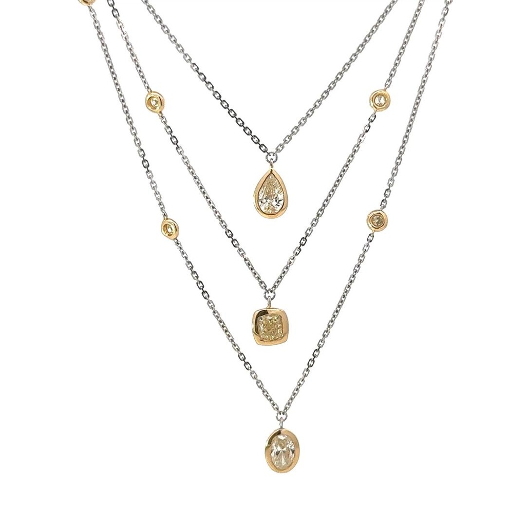 Colar 3 Correntes 3 Diamantes Fancy Gota Princess Oval 1,34ct 12 Brilhantes 0,50ct 43cm 5,83g Ouro Branco e Amarelo 18k - Coleção Laisa