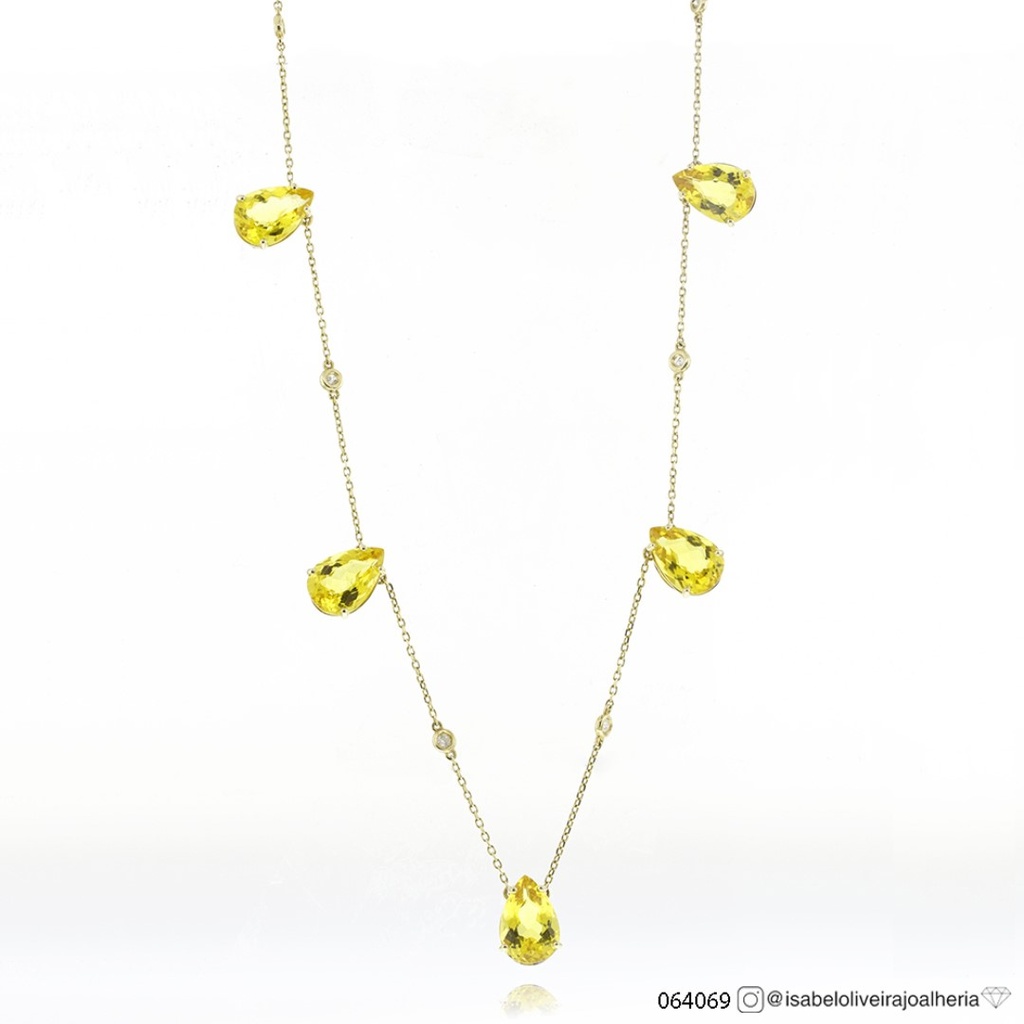 Colar 5 Berilos Amarelo Gota 13,88ct 6 Pastilhas Brilhantes 0,18ct H/i/j SI1/VS2 45cm 8,19g Ouro Amarelo 18k - Coleção Yellow