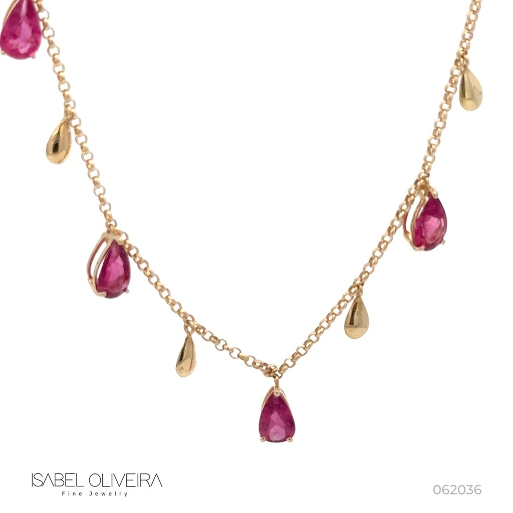 Colar 8 Rubelitas Gota 5,05CT e Gotinhas 45CM 7,56G Ouro Amarelo 18K - Coleçao Rubelita