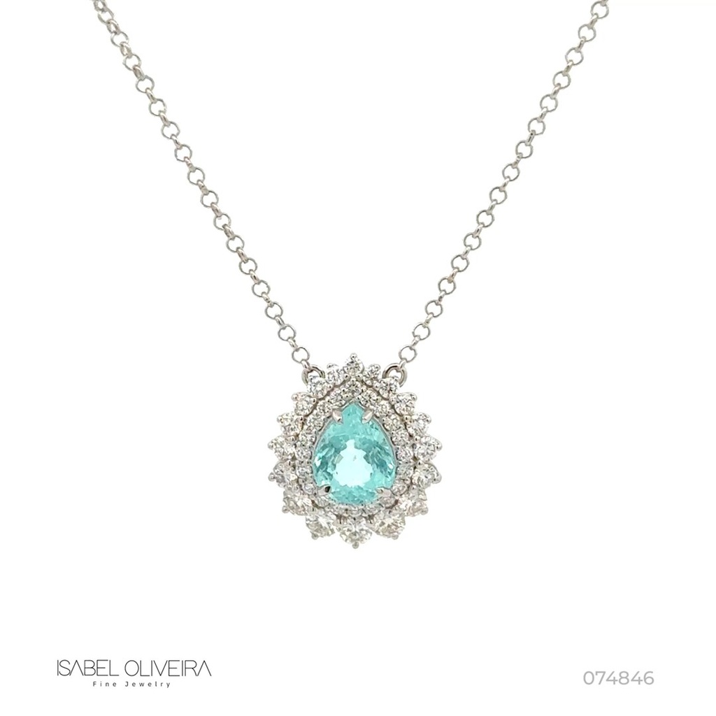 Colar Classico 1 Turmalina Paraiba Gota 1,49CT 38 Brilhantes 0,78CT H VS2 5,12G Ouro Branco 18K - Coleçao Caribbean Blue