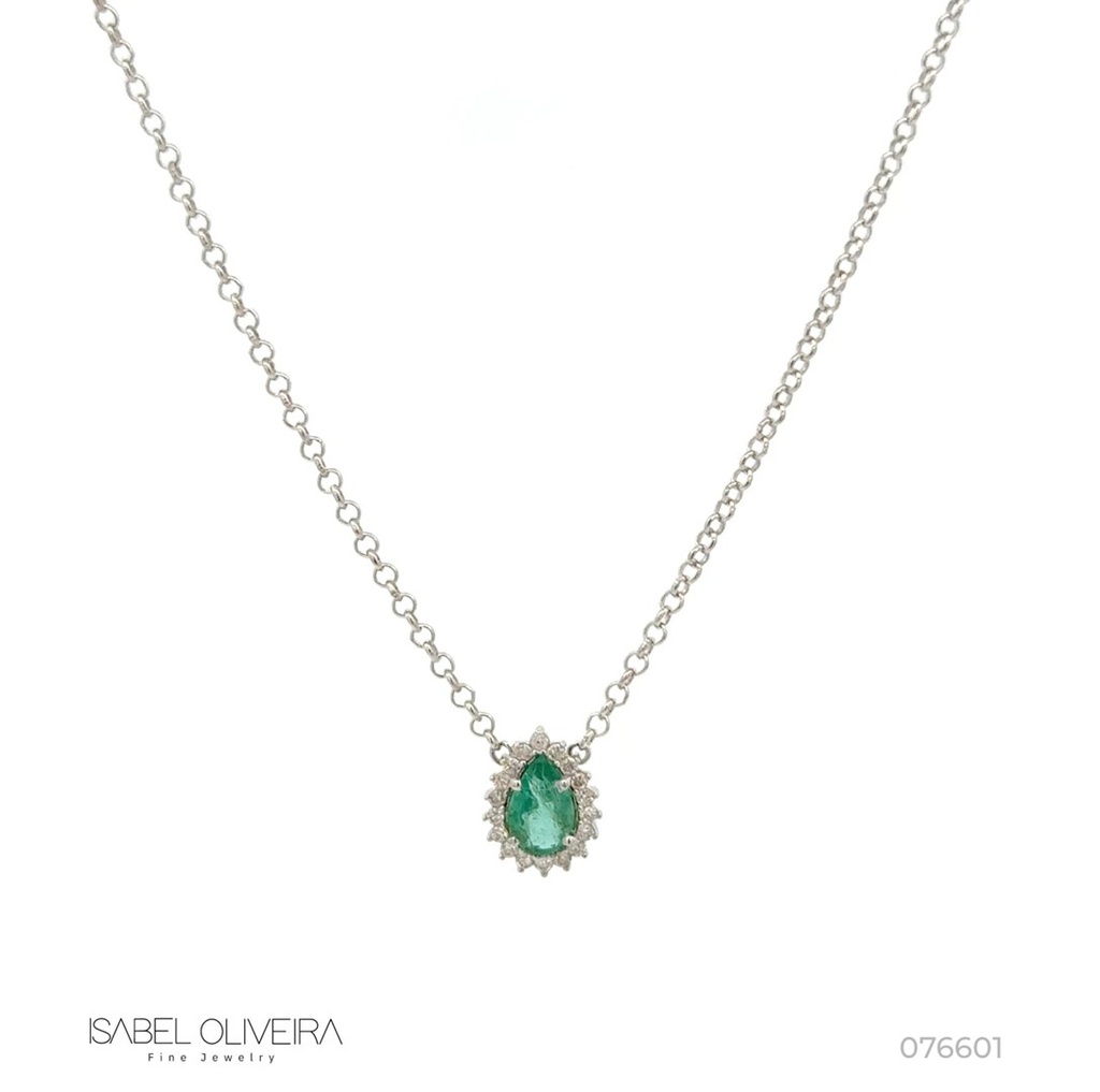 Colar 1 Esmeralda Brasileira Gota 0,38ct com Diamantes em Ouro Amarelo 18k