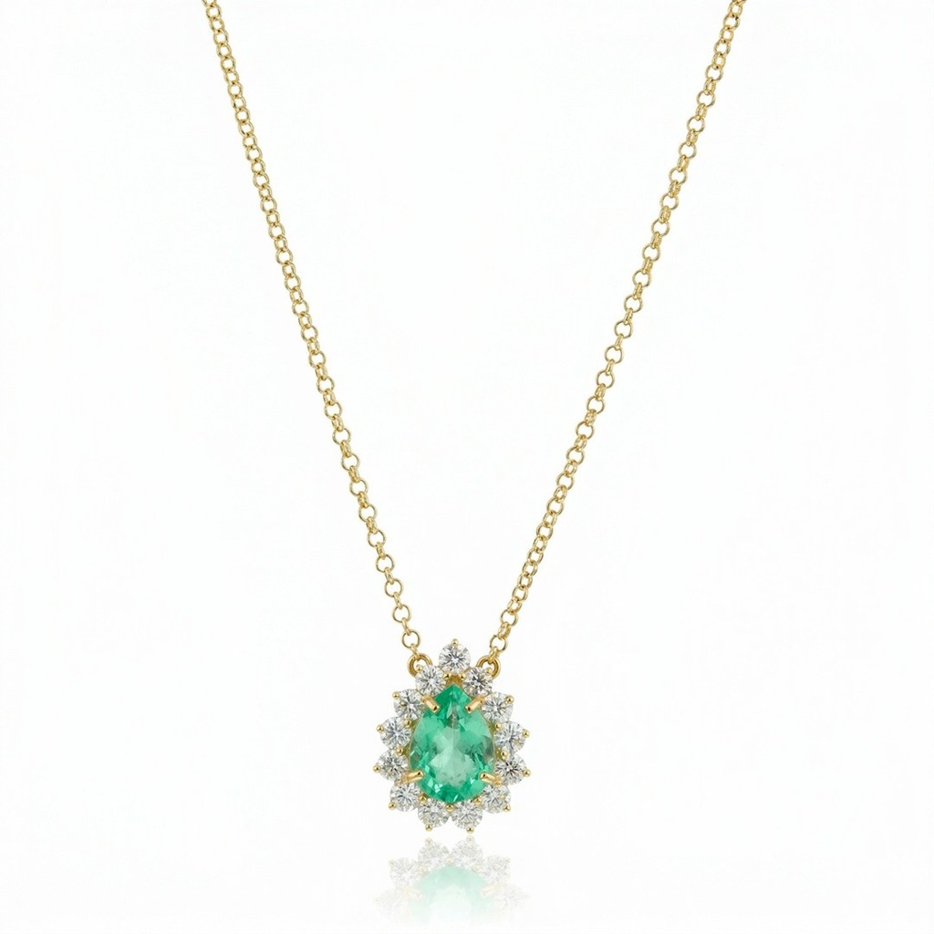 Colar Esmeralda Colombiana Gota 1,17ct com Diamantes em Ouro Amarelo 18k