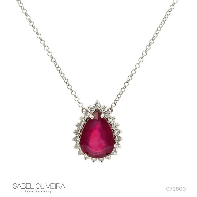 Colar Clássico I Rubi Tratado Gota 7,09ct 21 Brilhantes 0,70ct H SI1 6,0g 45cm Ouro Branco 18k - Coleção Red To Wear