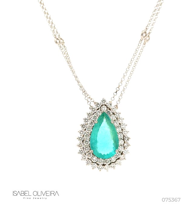 Colar 1 Turmalina Paraíba Gota 5,57ct com Diamantes em Ouro Branco 18k