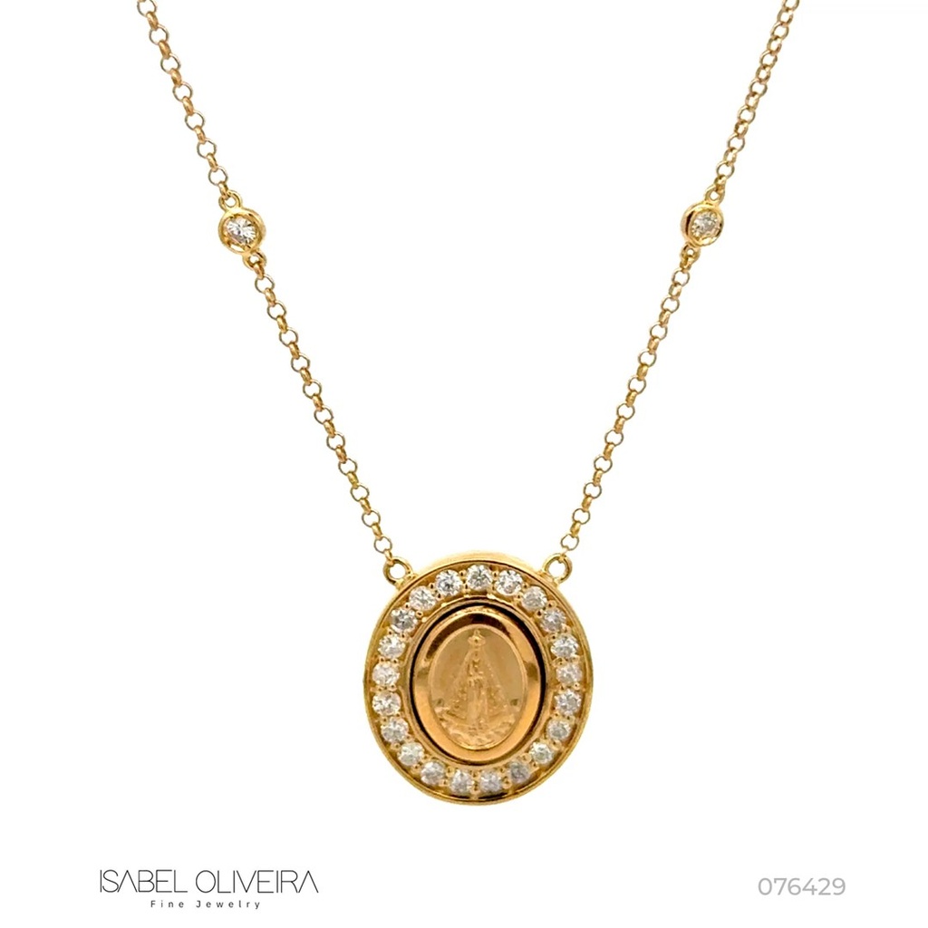 Colar Clássico Ii Nossa Senhora Aparecida 21 Brilhantes 0,64ct H SI1 6 Pastilhas 0,22ct H SI1 7,52g Ouro Amarelo 18k - Coleção Fe Santos