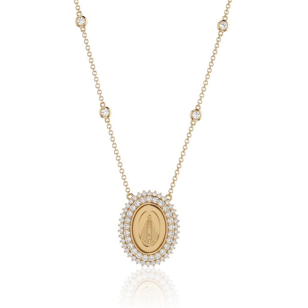 [076430] Colar Clássico Ii Nossa Senhora Aparecida 64 Brilhantes 1,23ct H VS2 6 Pastilhas 0,29ct H VS2 45cm 8,19g Ouro Amarelo 18k - Coleção Fe Santos