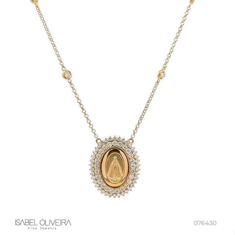 Colar Clássico Ii Nossa Senhora Aparecida 64 Brilhantes 1,23ct H VS2 6 Pastilhas 0,29ct H VS2 45cm 8,19g Ouro Amarelo 18k - Coleção Fe Santos