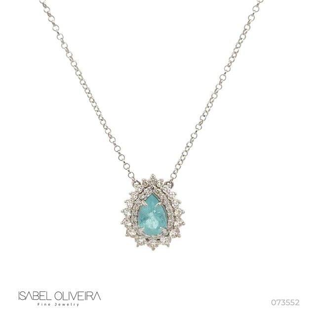 Colar Classico Turmalina Paraiba Gota 1,35CT 38 Brilhantes 0,79CT I SI1 5,09G Ouro Branco 18K - Coleçao Caribbean Blue