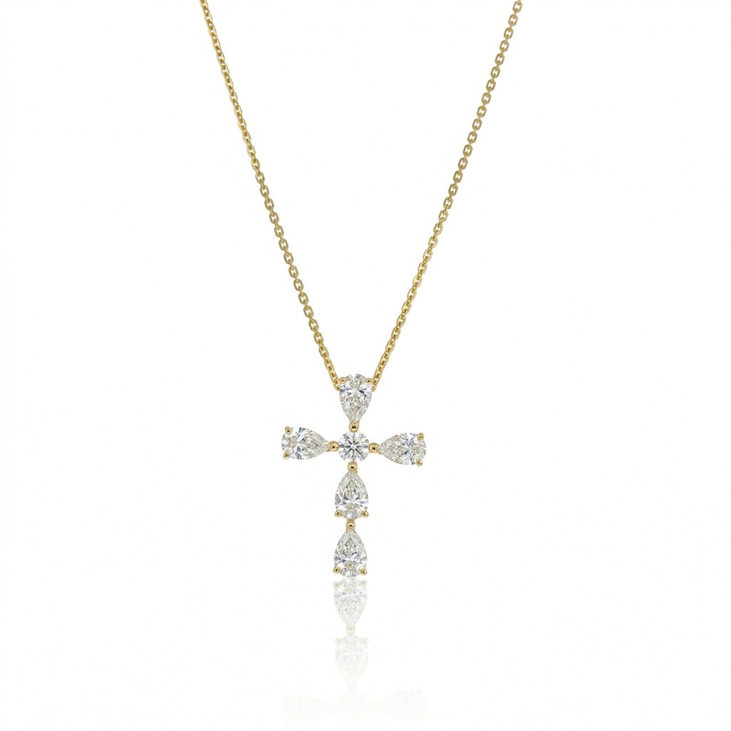 [077048] Colar Crucifixo 5 Diamantes Gota 1,53ct 1 Brilhante 0,19ct 43cm 2,82g Ouro Amarelo 18k - Coleção Crucifixos