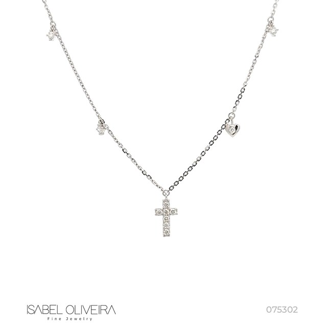 [075302] Colar Cruz com 4 Pingentes 11 Brilhantes 0,22ct 2,13g Ouro Branco 18k - Coleção Crucifixos