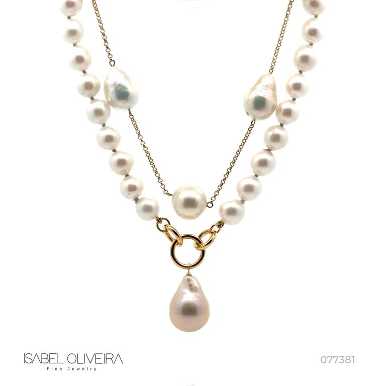 [077381] Colar Duplo 44 Pérolas South Sea Redonda 12-14 mm 5 Pérolas Irregulares 48cm 71,04g Ouro Amarelo 18k - Coleção Over The Moon
