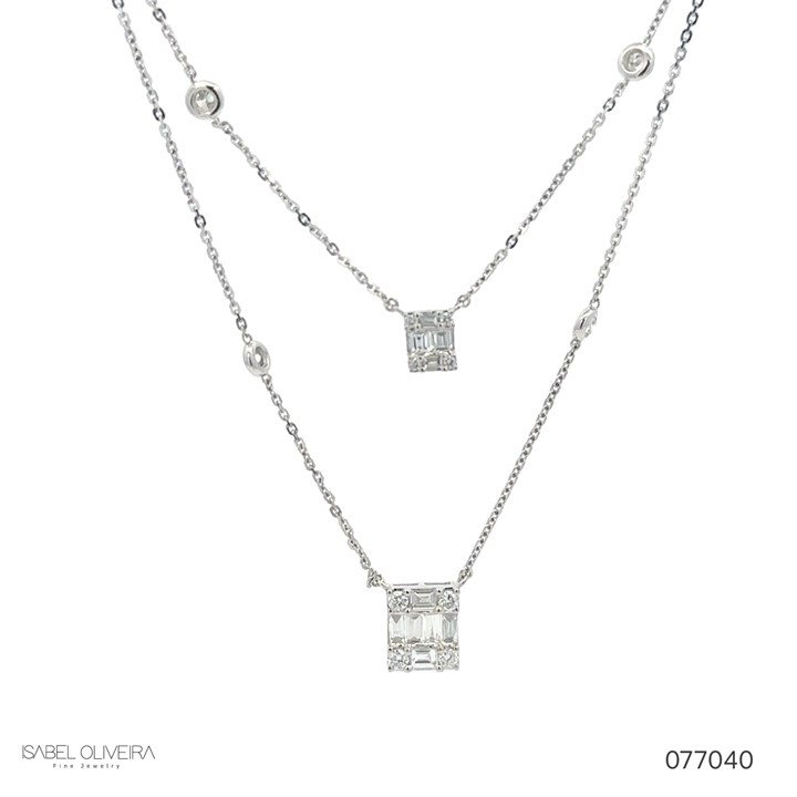 Colar Duplo 8 Diamante Baguetes 0,44CT 2 Trapezios 0,03CT 12 Brilhantes 0,36CT 48CM 4,05G Ouro Branco 18K - Coleçao Onassis