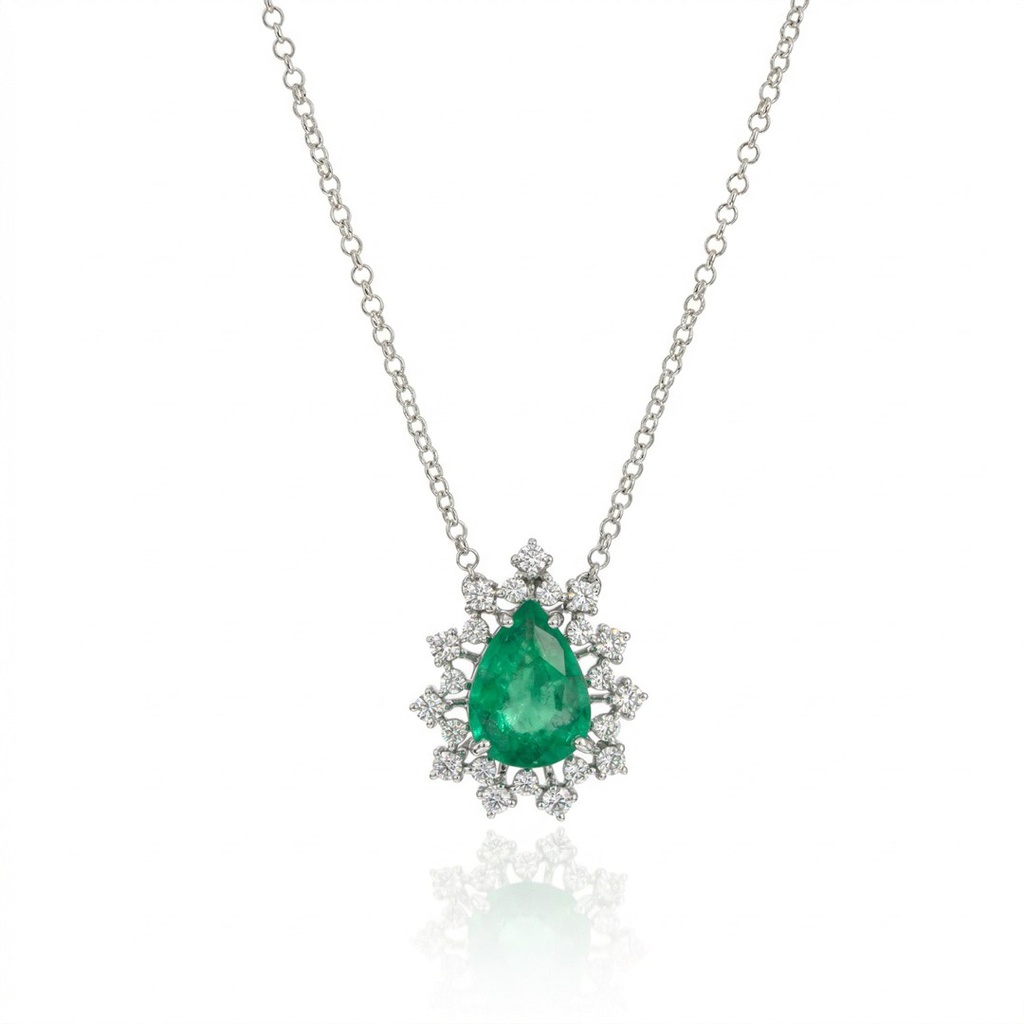 Colar 1 Esmeralda Brasileira Gota 2,09ct com Diamantes em Ouro Branco 18k