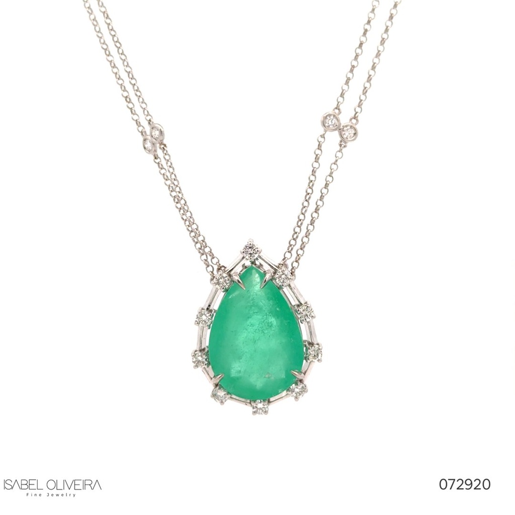 Colar Esmeralda Colombiana Gota 16,38CT 10 Brilhantes 0,62CT H/i VS Pastilha Dupla 12 Brilhantes 0,38CT G VS1 45CM Ouro Branco 18K - Coleçao Colombia Emerald