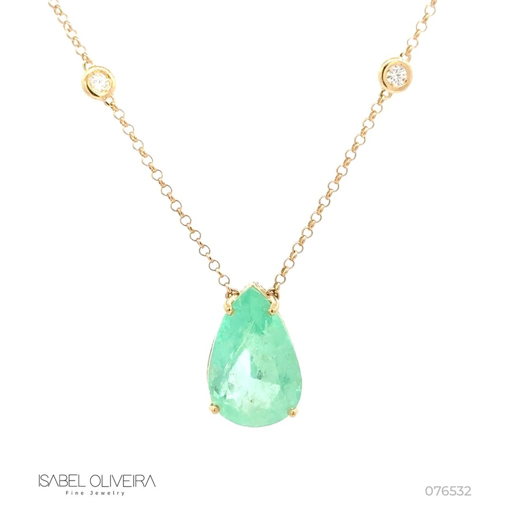 Colar Esmeralda Colombiana Gota 7,92CT 55 Brilhantes 0,28CT J SI1 6 Pastilhas 0,33CT G VS2 45CM 7,72G Ouro Amarelo 18K - Coleçao Colombia Emerald