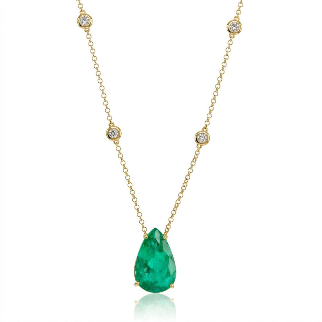 Colar Esmeralda Colombiana Gota 7,92ct 55 Brilhantes 0,28ct J SI1 6 Pastilhas 0,33ct g VS2 45cm 7,72g Ouro Amarelo 18k - Coleção Colômbia Emerald