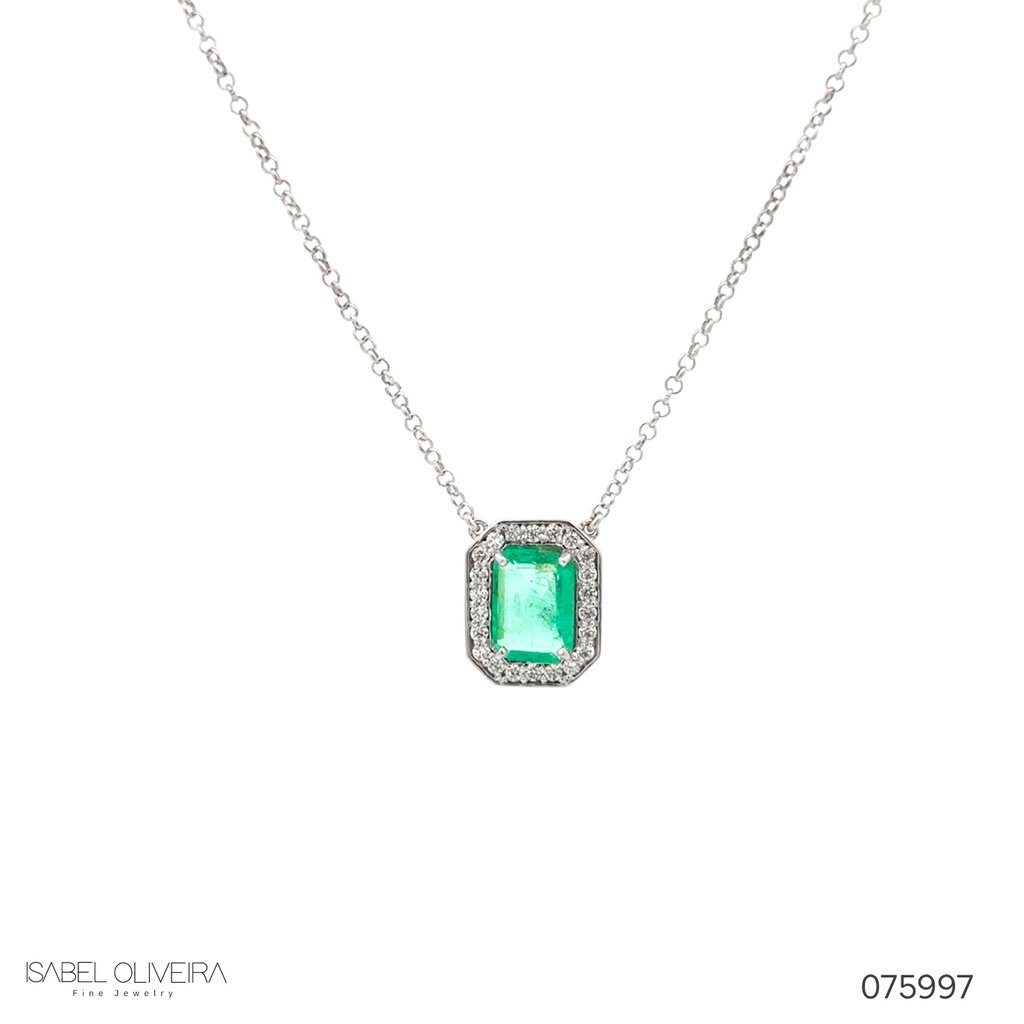 Colar Esmeralda Colombiana Octognal 1,23CT 22 Brilhantes 0,22CT G VS1 4,06G 45CM Ouro Branco 18K - Coleçao Colombia Emerald