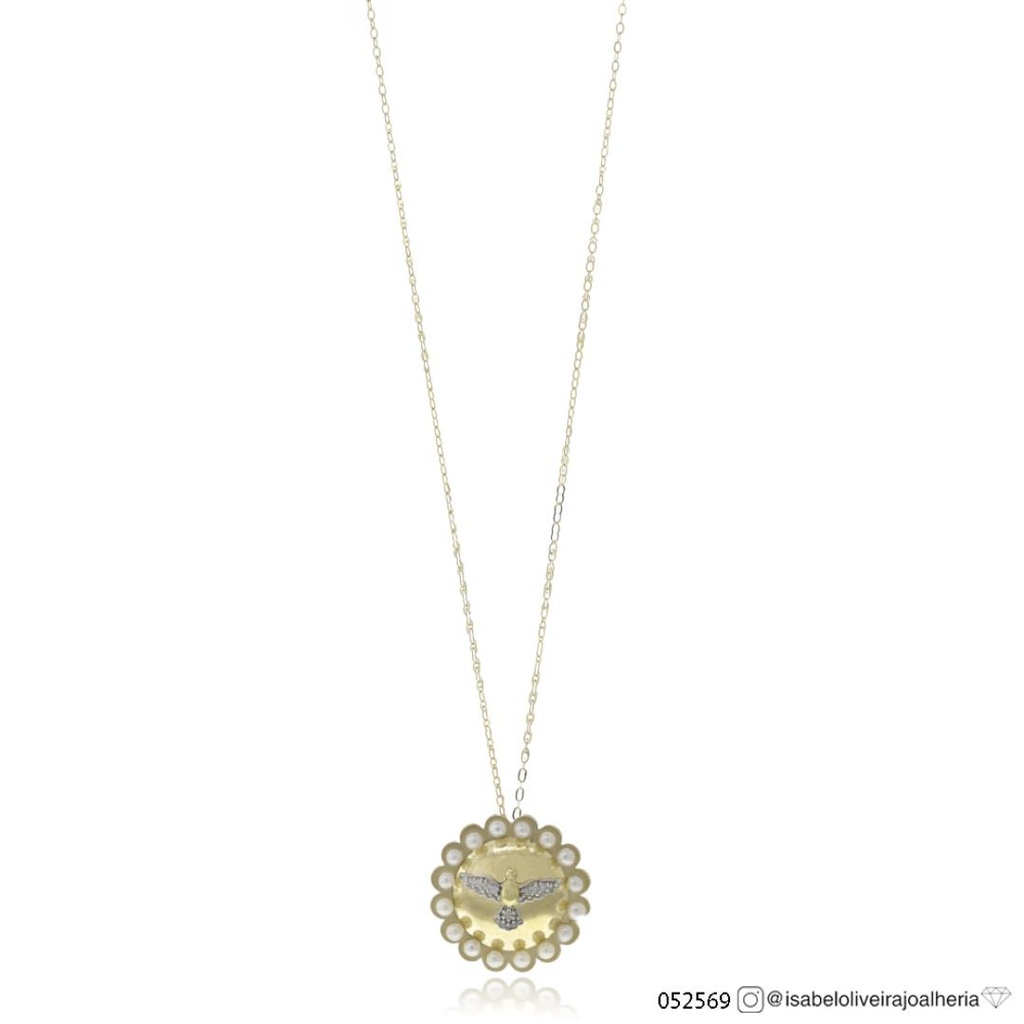 [052569] Colar Espírito Santo 19mm 7 Brilhantes J SI1 0,35ct 16 Pérolas 46cm 3,10g Ouro Amarelo 18k - Coleção Fe Santos
