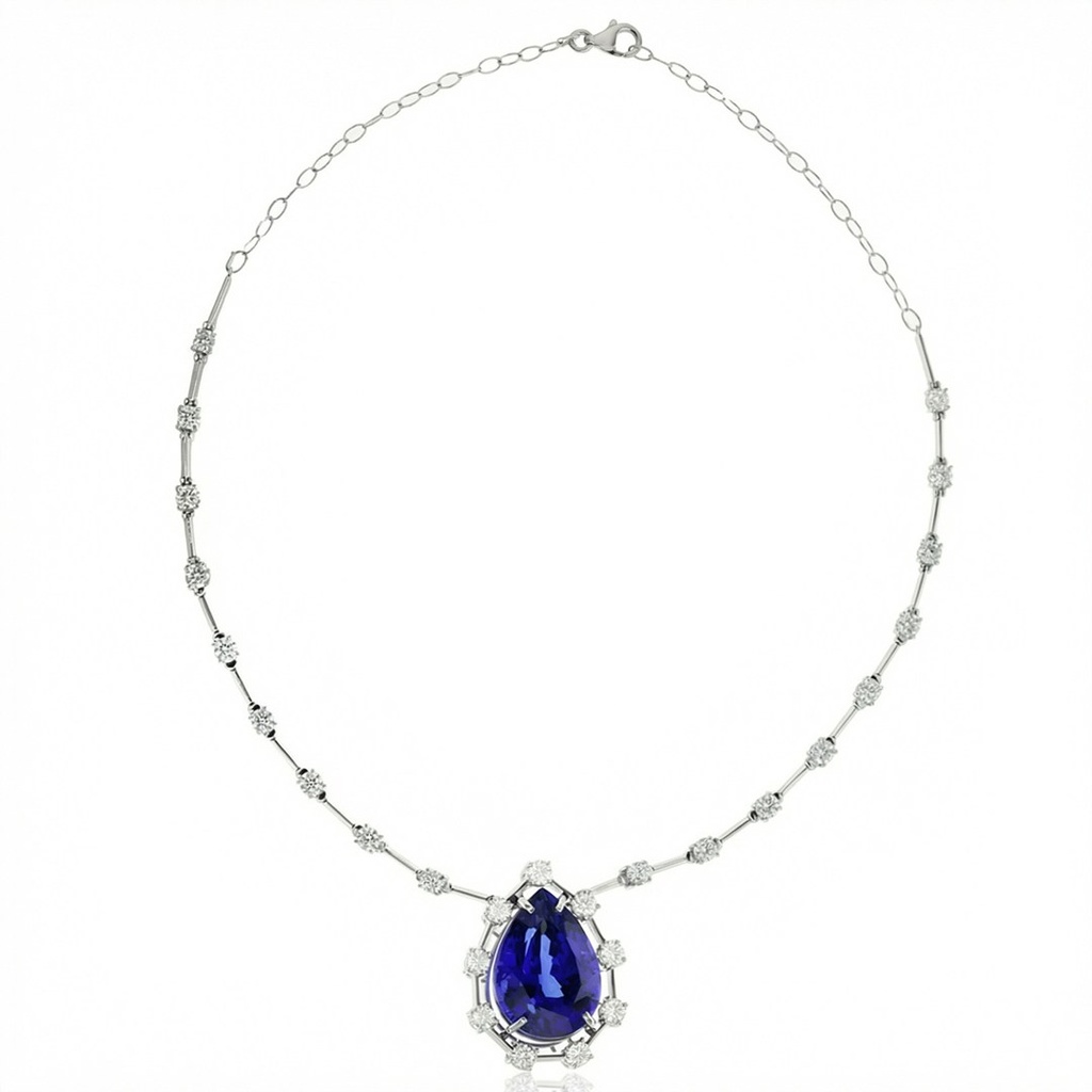 [071102] Colar Faca Tanzanita Gota 38,31ct 27 Brilhantes 6,13ct g VS1 H VS2 42cm 32,90g Ouro Branco 18k - Coleção Thalassa