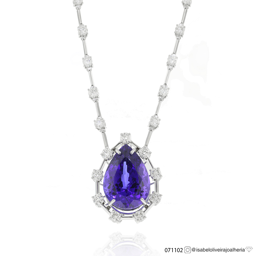Colar Faca Tanzanita Gota 38,31ct 27 Brilhantes 6,13ct g VS1 H VS2 42cm 32,90g Ouro Branco 18k - Coleção Thalassa