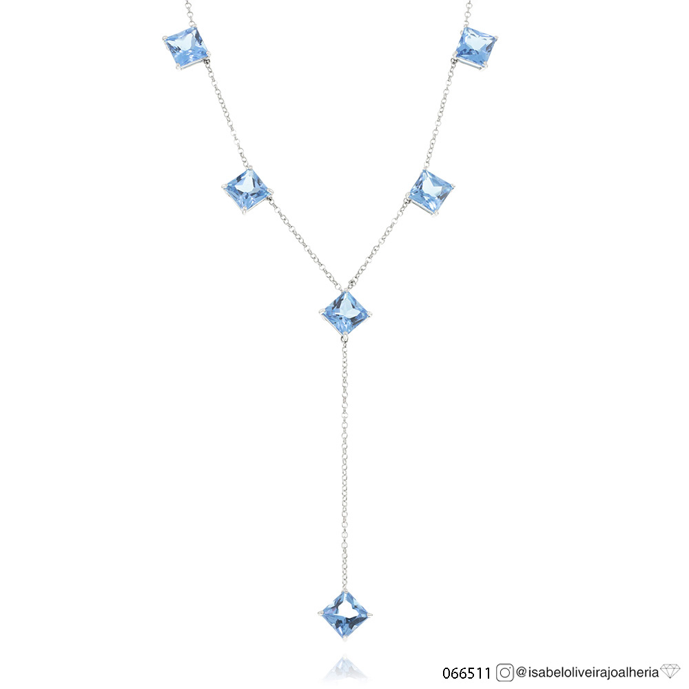 Colar Gravata 6 Topázios Swiss Carré 14,13ct 40cm 7,69g Ouro Branco 18k - Coleção Blue Sky