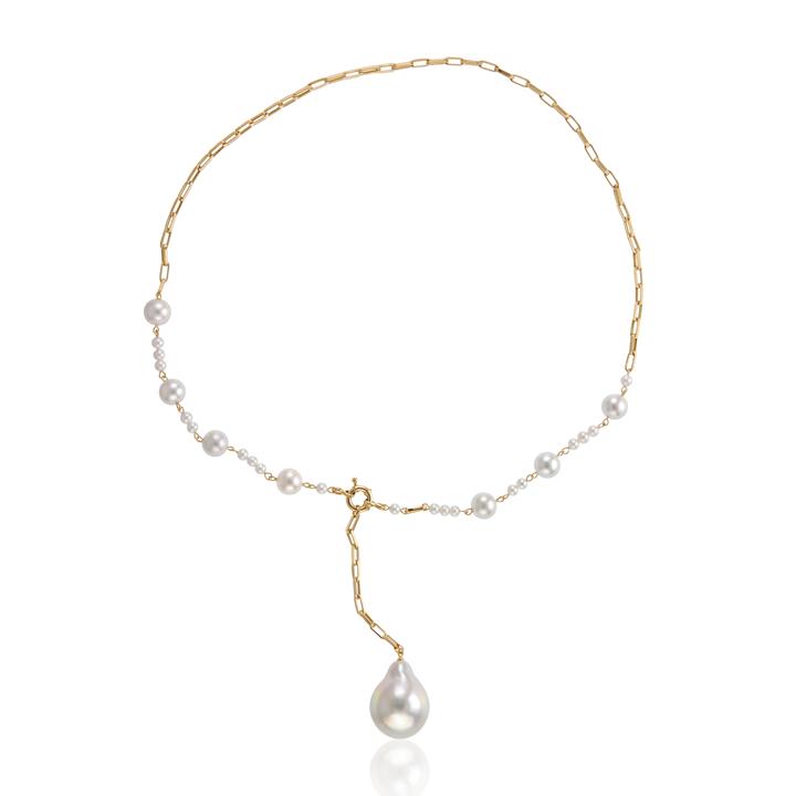 [077395] Colar Gravata 7 Pérolas Akoya 1 Pérola Gota Corrente Cadeado 42cm 16,95g Ouro Amarelo 18k - Coleção Over The Moon