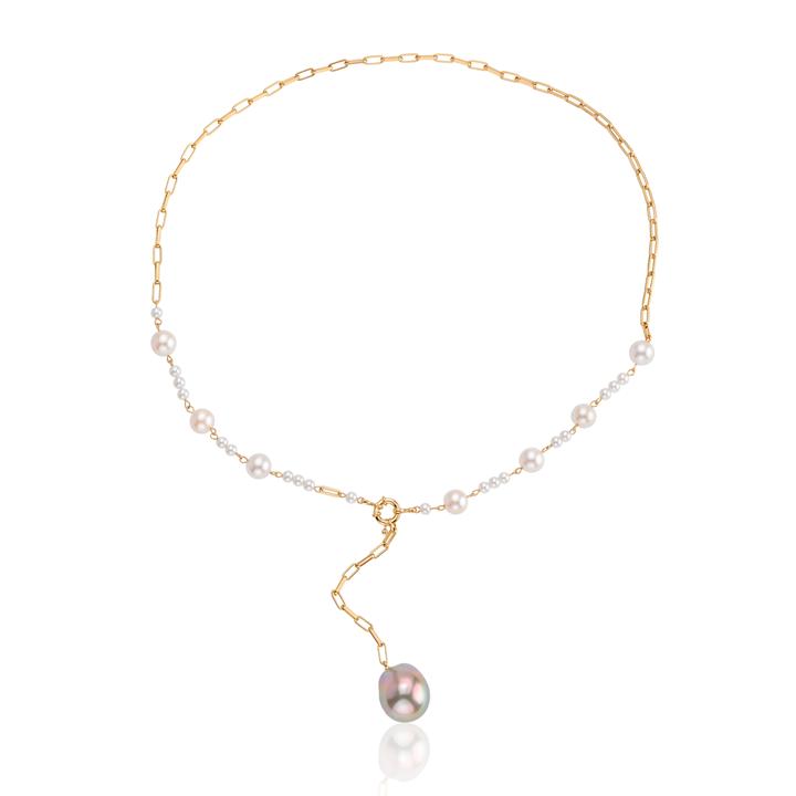 [077396] Colar Gravata 7 Pérolas Akoya Rosa 1 Pérola Gota Corrente Cadeado 42cm 13,19gouro Amarelo 18k - Coleção Over The Moon