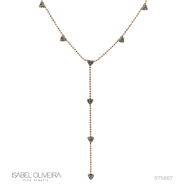 Colar Gravata com Bolinhas e Coraçoes 30 Brilhantes 0,42CT H VS2 4,51G 43CM Ouro Rose e Branco 18K - Coleçao Laisa
