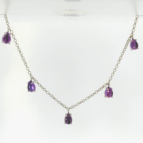 [065263] Colar Infantil 5 Ametistas Gota Cabochão 2,14ct 30cm 3,85g Ouro Branco 18k - Coleção Sara e Antonio