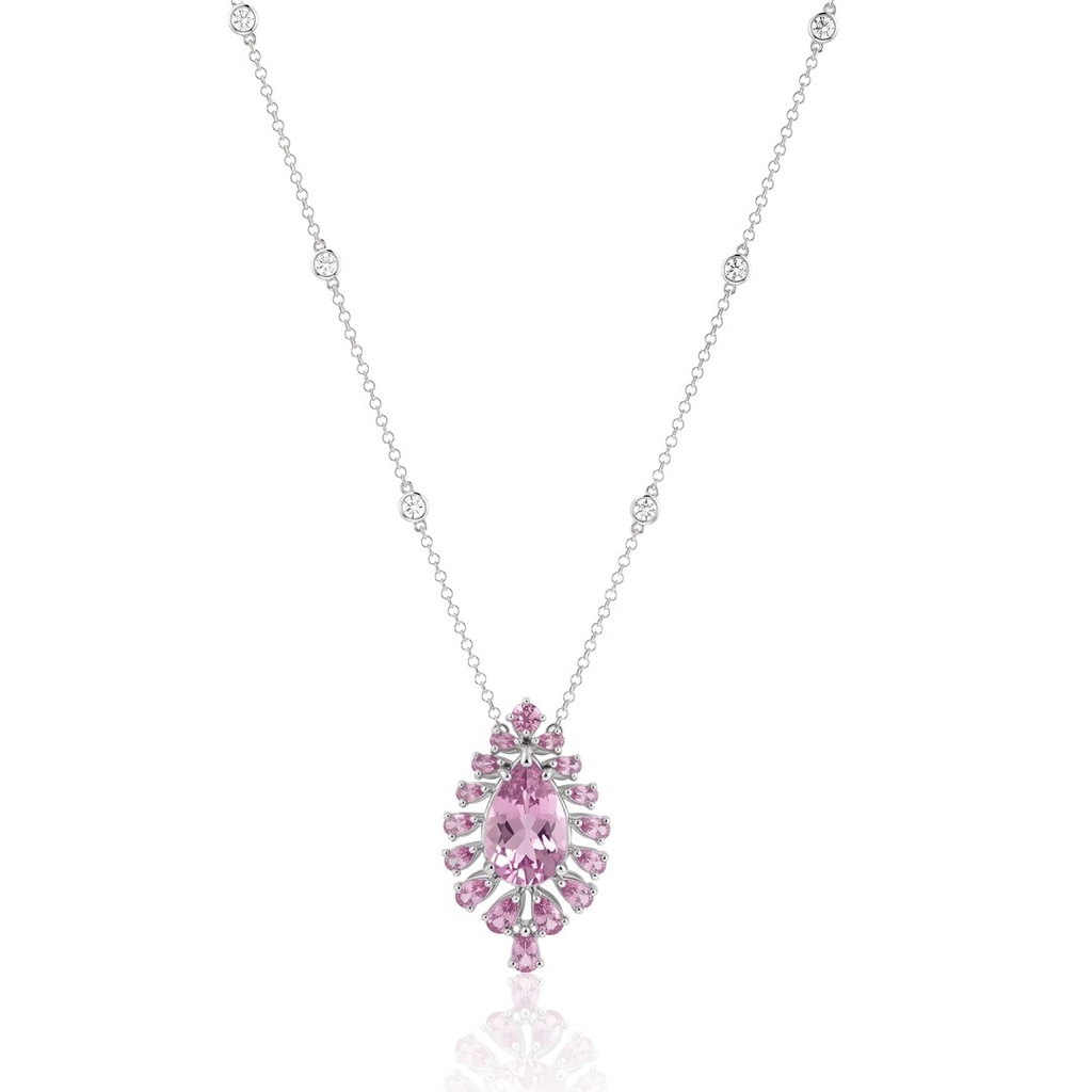 [076990] Colar Kunzita Gota 7,72ct 16 Safiras Rosas 2,32ct com Pastilhas 9,35g Ouro Branco 18k - Coleção True Colors