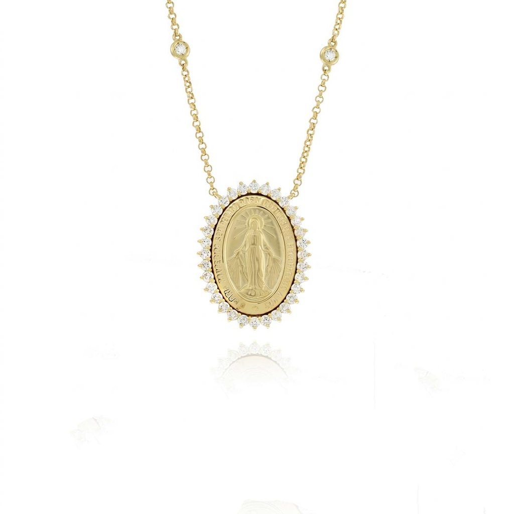 [071635] Colar Medalha Nossa Sra das Graças 32 Brilhantes 1,06ct g VS1 6 Pastilhas Brilhantes 0,25ct g VS1 50cm 11,06g Ouro Amarelo 18k - Coleção Fe Santos