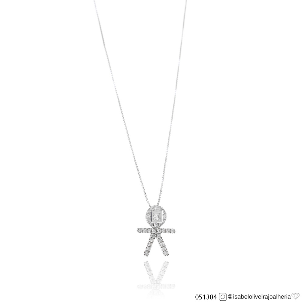 [051384] Colar Menino 1 Diamante Princess 0,16ct 20 Brilhantes 0,05ct 46cm 1,80g Ouro Branco 18k - Coleção Mães e Filhos