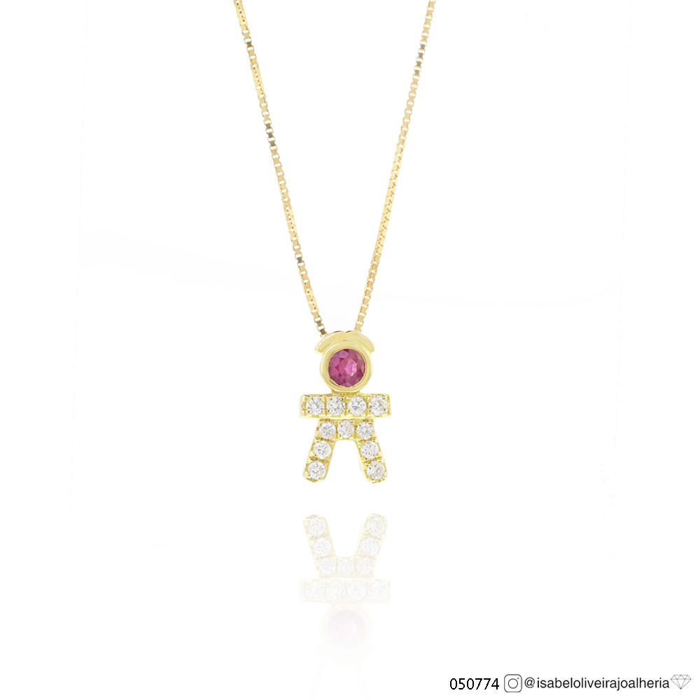 [050774] Colar Menino 1 Rubi 0,15ct 11 Brilhante 0,15ct 25cm 3,00g Ouro Amarelo 18k - Coleção Mães e Filhos