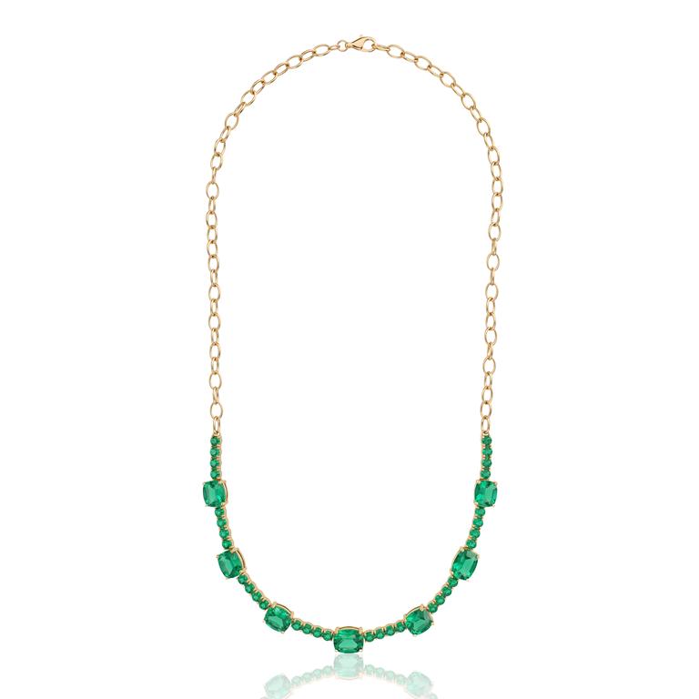 [075255] Colar Mix 7 Esmeraldas Colombianas 14,39ct e 32 Esmeraldas Brasileiras 5,29ct em Ouro Amarelo 18k